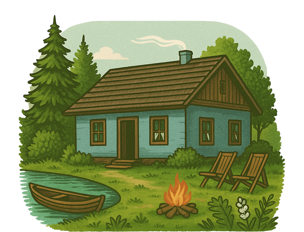 Przytulna chatka w lesie, otoczona bujną zielenią i wysokimi drzewami, tworząca spokojne miejsce wypoczynku.